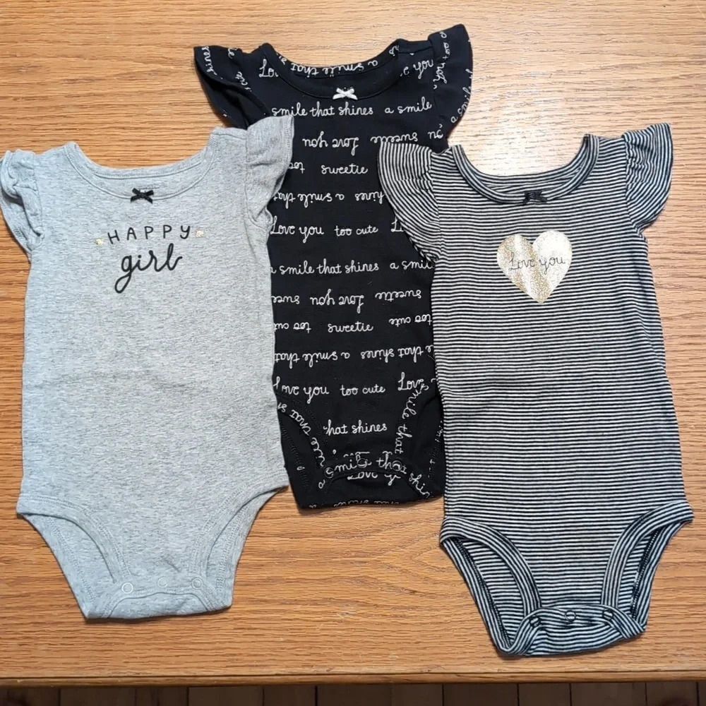 Carter's 9 Month Baby Short Sleeve Onesies Black White Gold